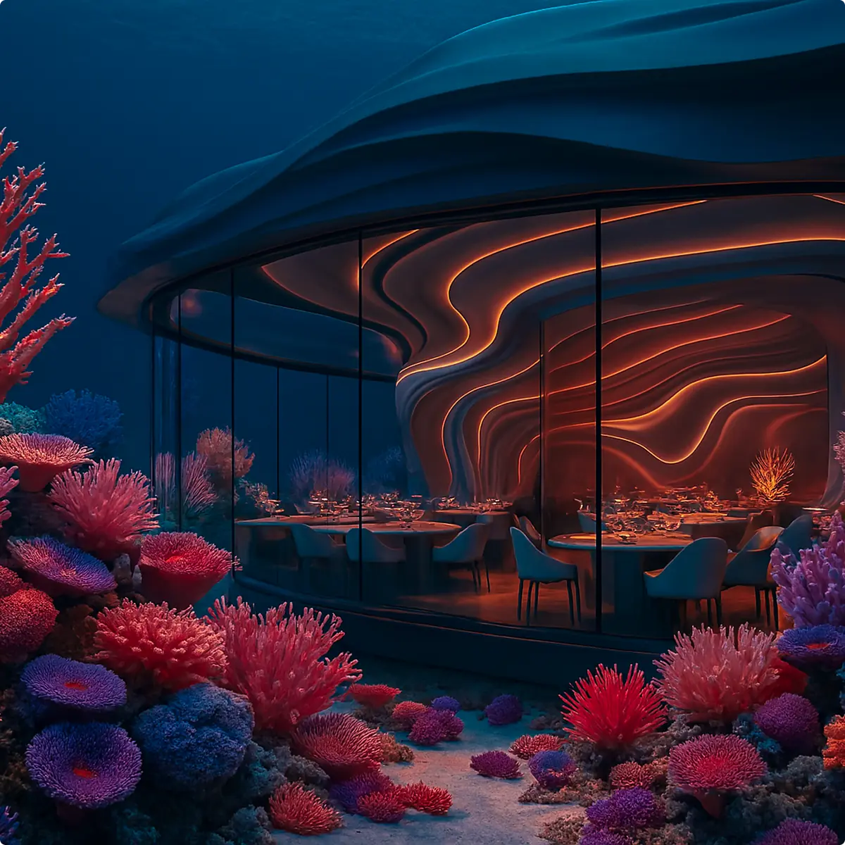 Ristorante sottomarino futuristico circondato da coralli colorati