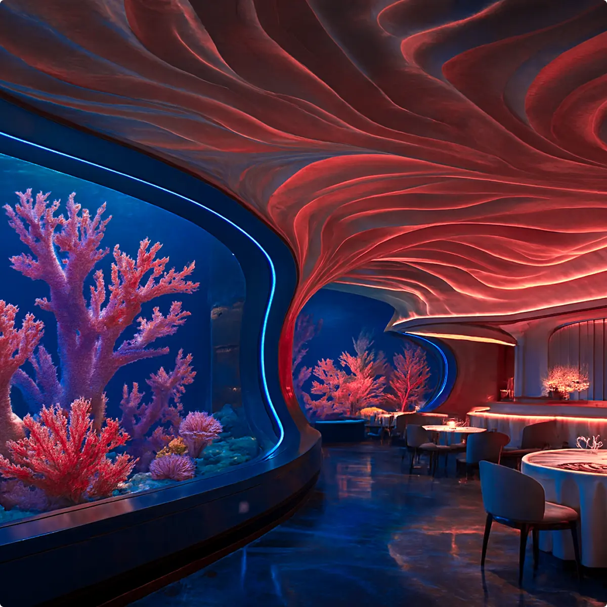 Interno elegante di ristorante sottomarino con soffitto ondulato e vista su coralli rosa