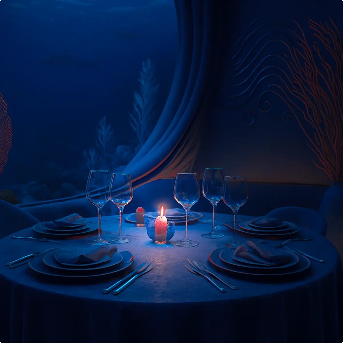 Ristorante sottomarino di lusso con vista panoramica sull'oceano: tavolo apparecchiato per una cena romantica esclusiva immersa nel blu.