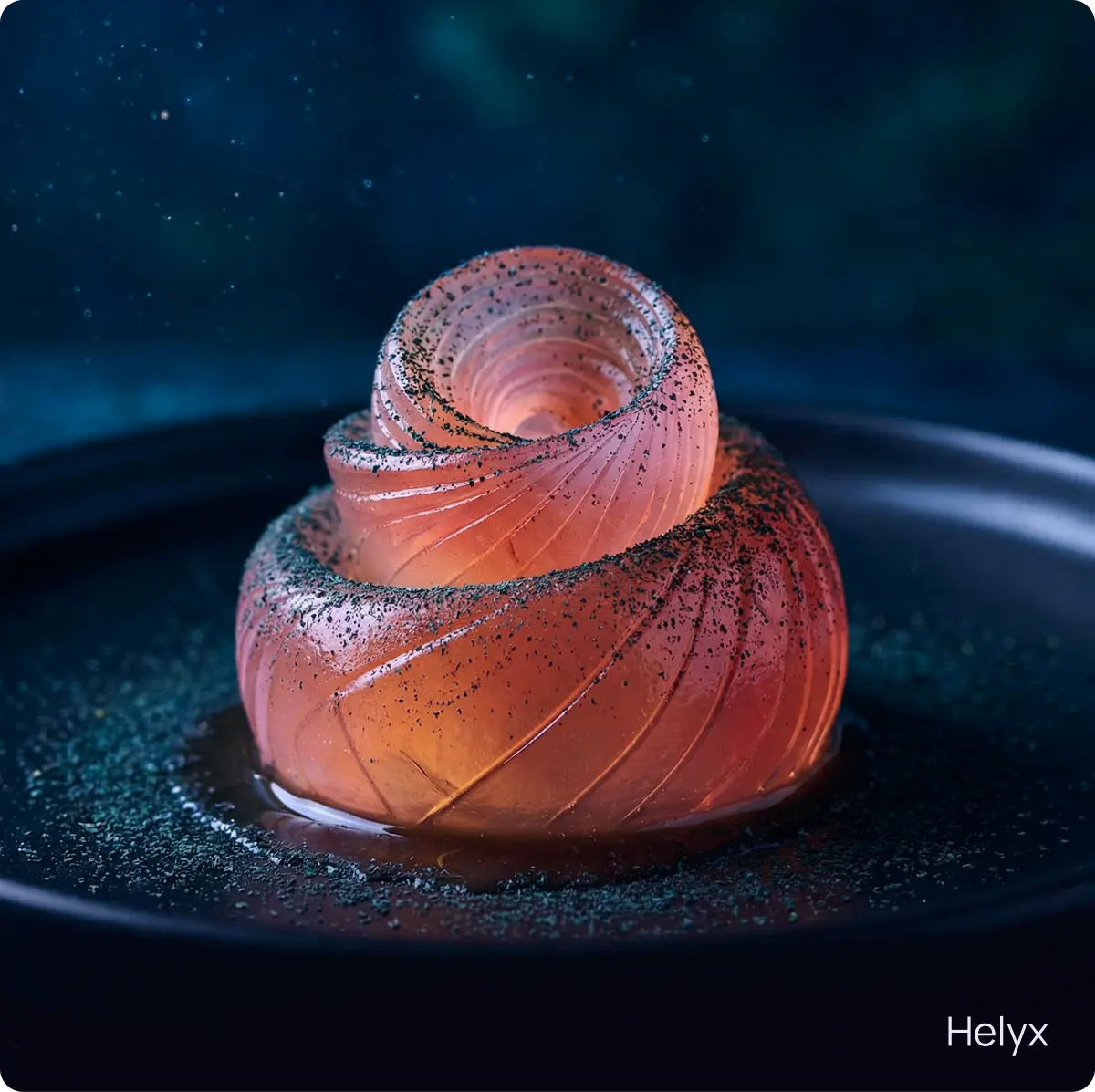 Helyx: spirale luminosa di proteina abissale servita con riduzione di idromiele in una ciotola blu scuro.