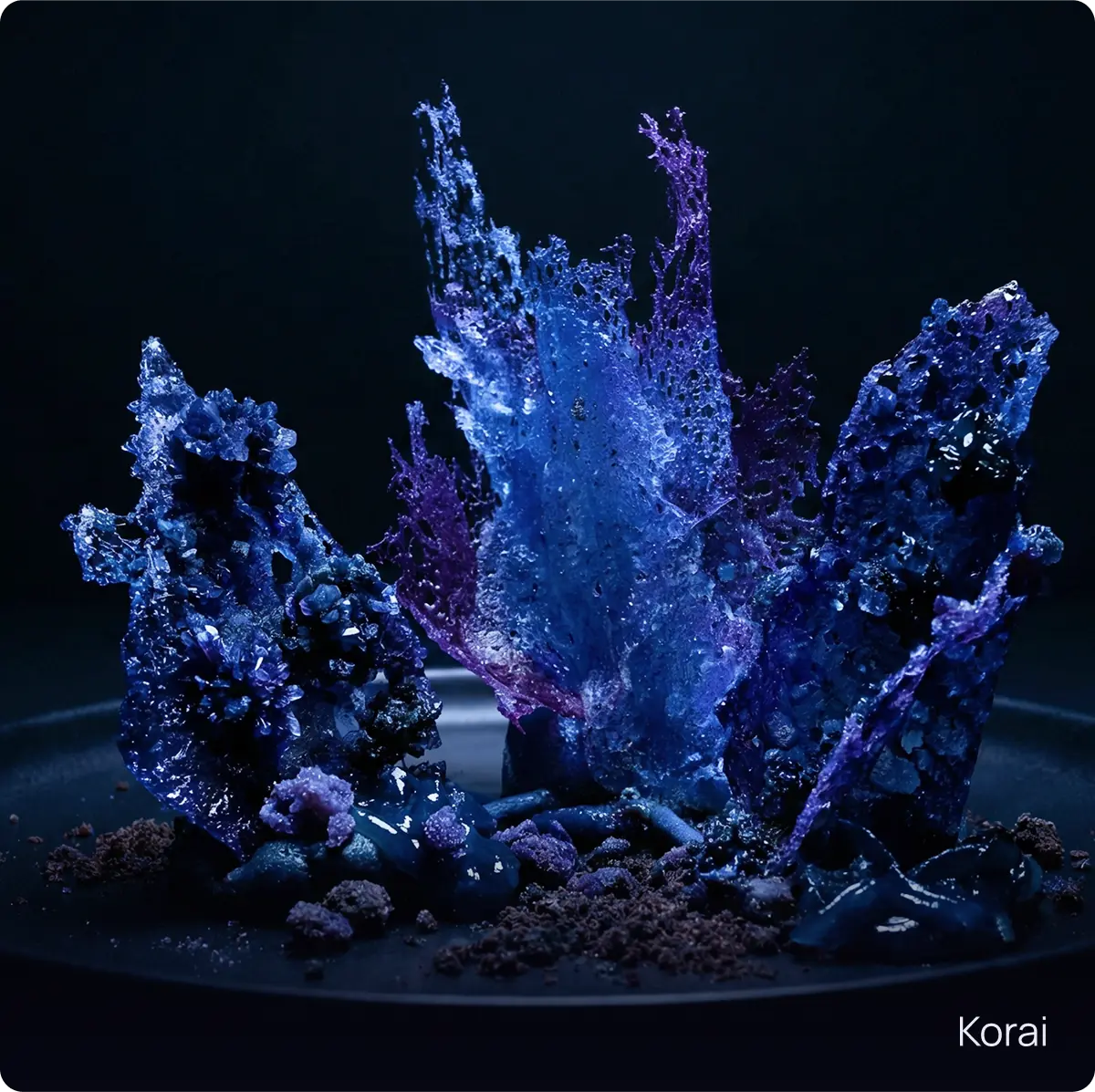 Korai: gel algale freddo sormontato da sculture di zucchero cristallizzato e licheni dolci di colore arancione.