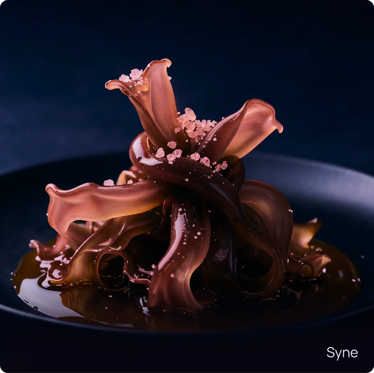 Syne: nodo di kelp fermentato e alghe arancio servito in riduzione di idromiele con finitura salina.