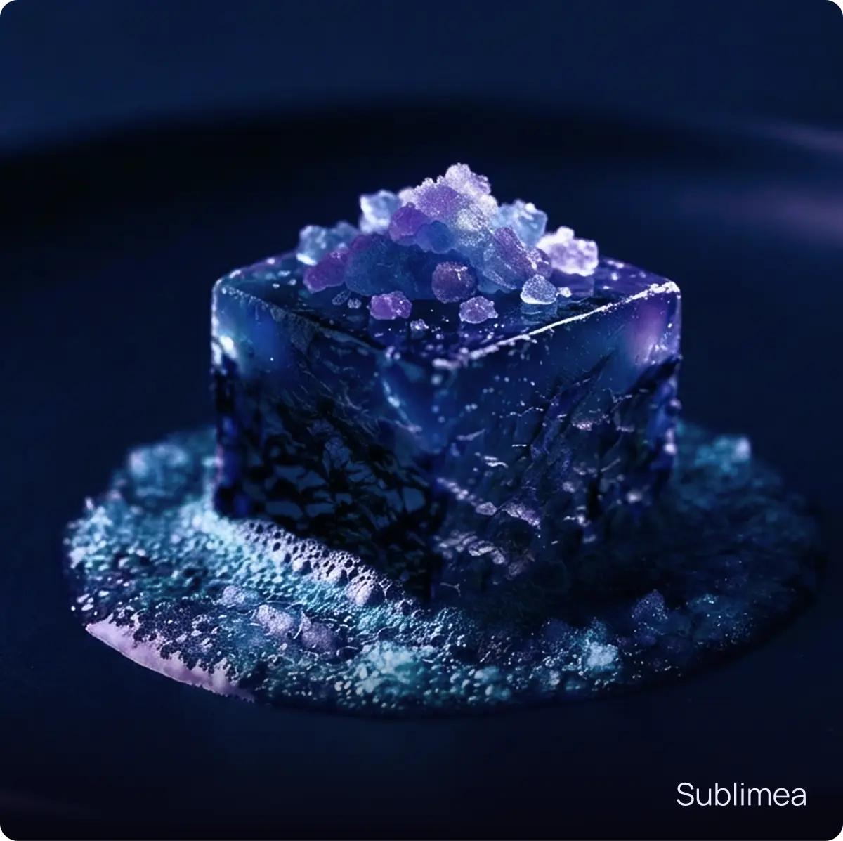Sublimea: cubo di alga nori e gelatina all'idromiele dai toni viola, decorato con zucchero di kelp cristallizzato.