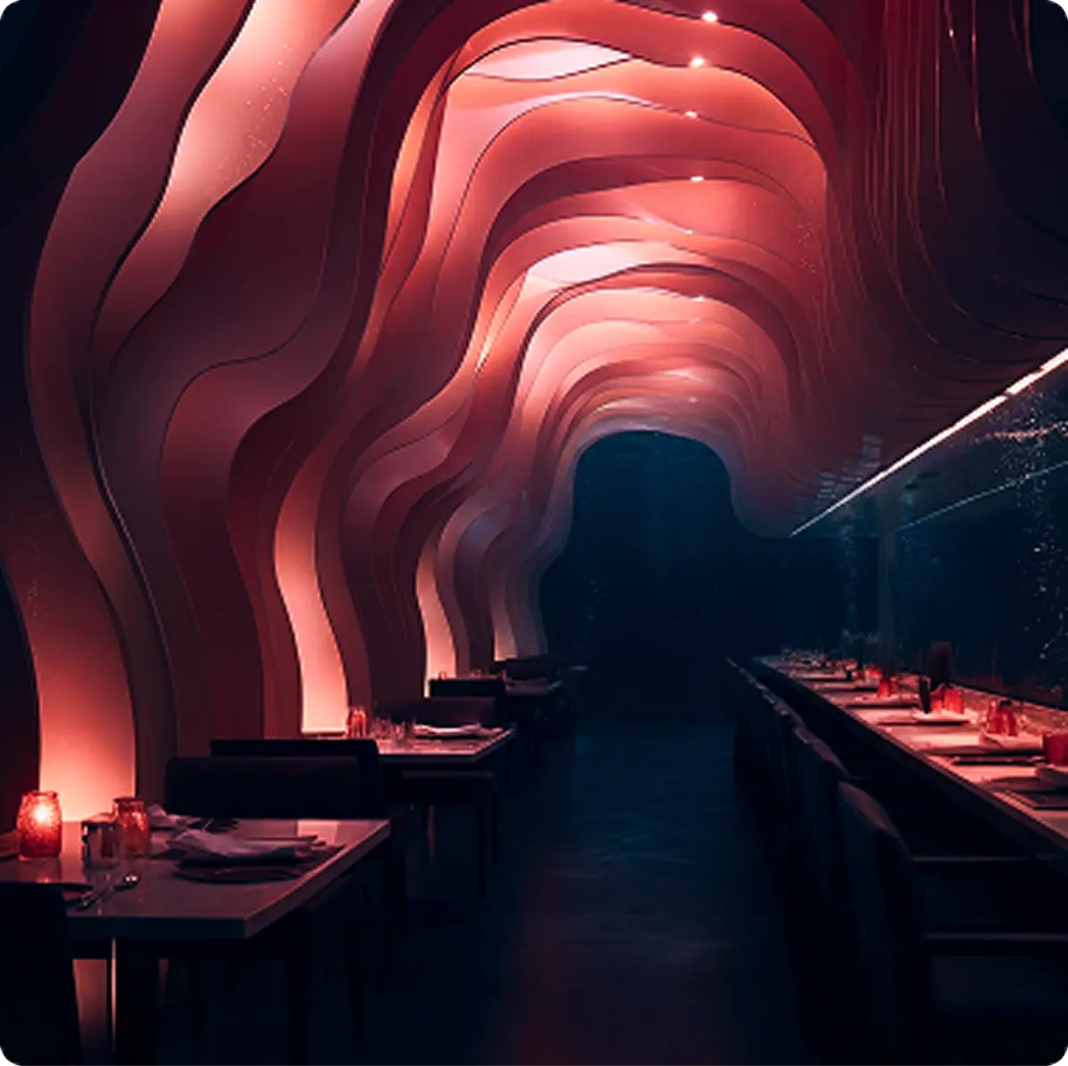 Ristorante gourmet sotto il livello del mare: arredamento moderno con pareti ondulate illuminate e vista panoramica sull'oceano profondo.