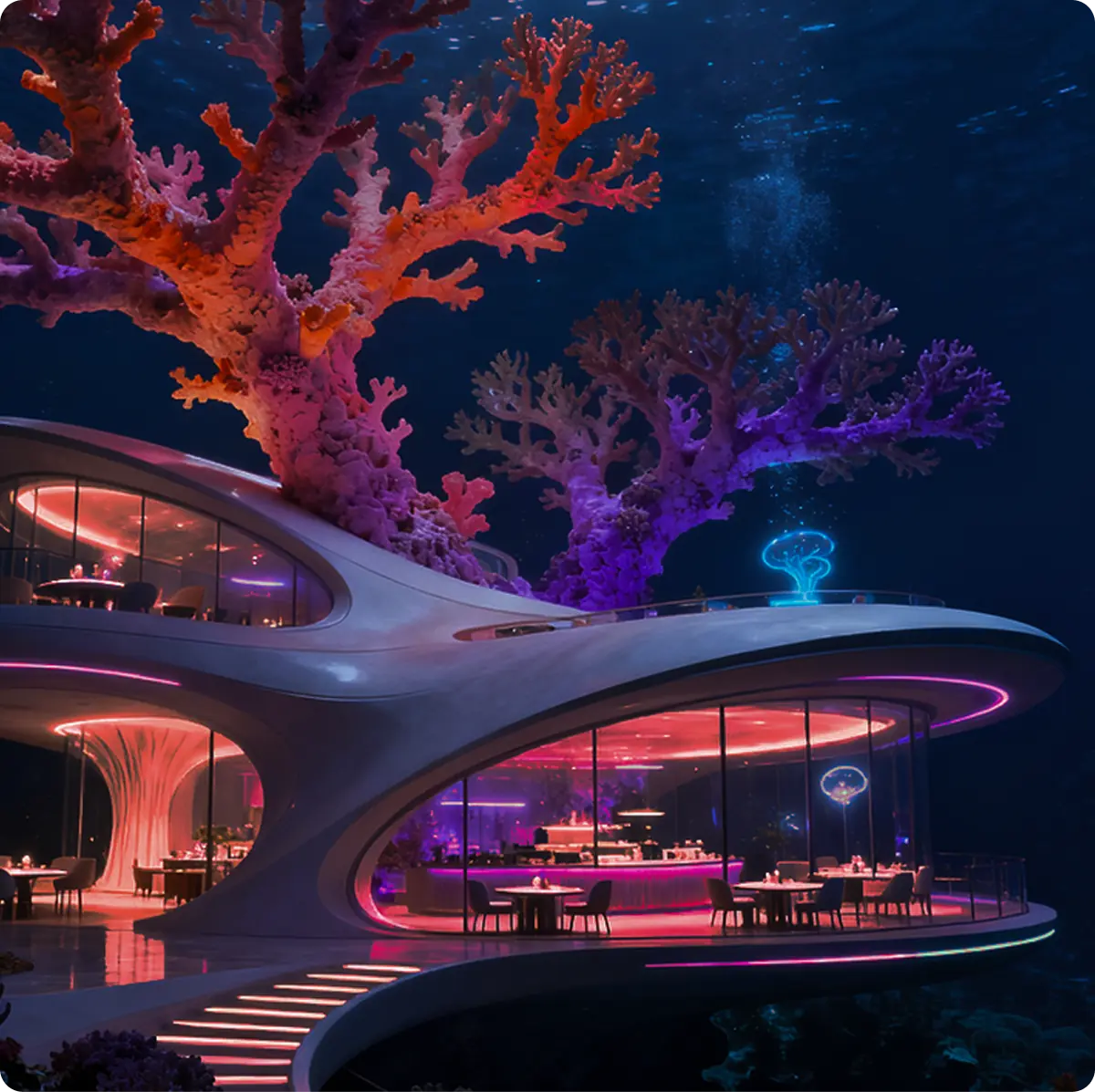 Vista esterna del ristorante subacqueo: struttura futuristica multilivello con ampie vetrate panoramiche, luci al neon rosa e grandi formazioni coralline.
