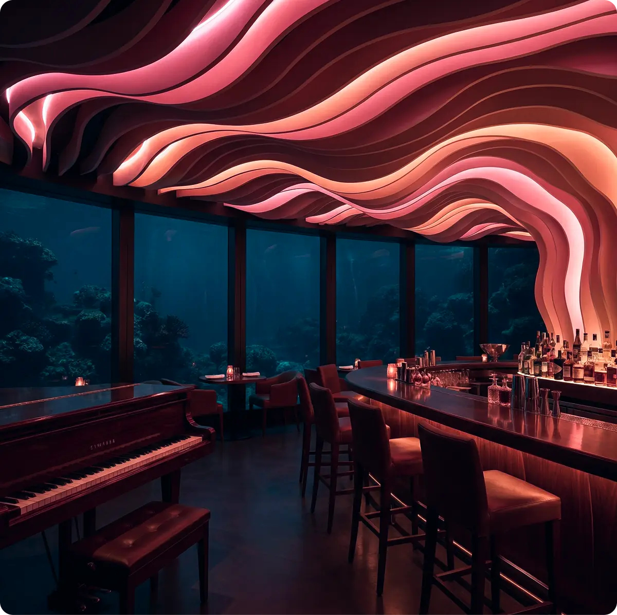 Lounge bar e area musica dal vivo del ristorante Riff: pianoforte a coda in primo piano, bancone curvo, il distintivo soffitto ondulato rosa e ampie vetrate con vista panoramica sui fondali marini.